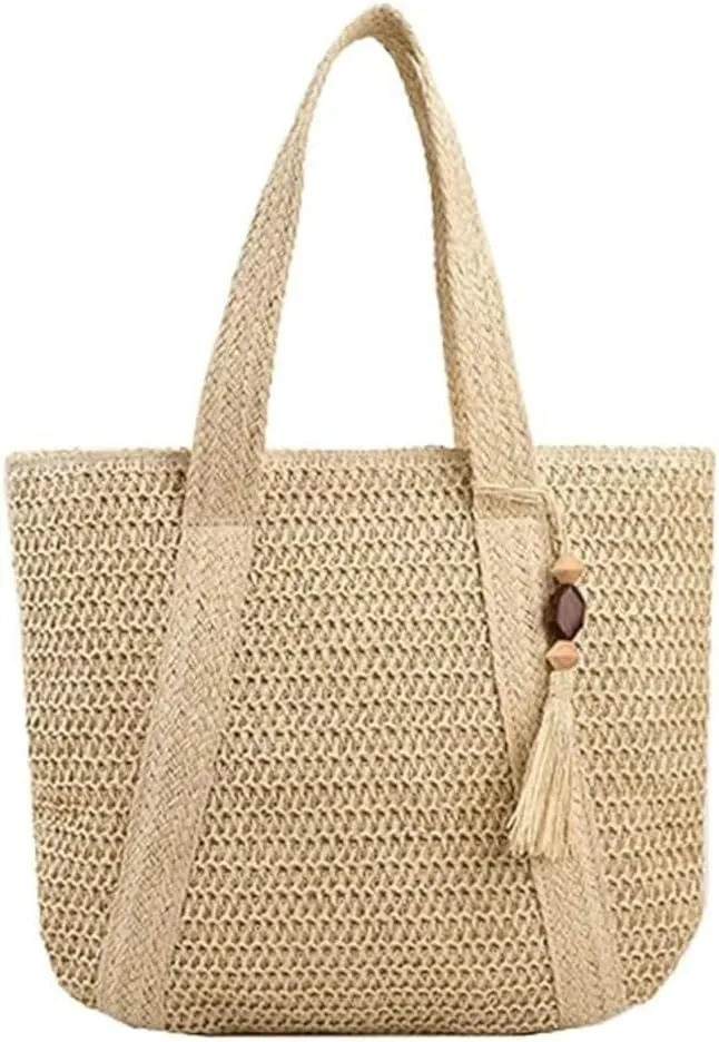 Summer Beach Women's Large Hand-woven Straw Shoulder Hobo Tote Net Bag with Tassels and Top Handle Purse Style