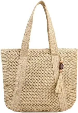 Summer Beach Women's Large Hand-woven Straw Shoulder Hobo Tote Net Bag with Tassels and Top Handle Purse Style