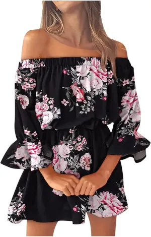 Summer Boho Dresses for Women Beach Sexy Off Shoulder Tunic Sundresses Casual Loose Fit Short Sleeve Mini Floral Dress