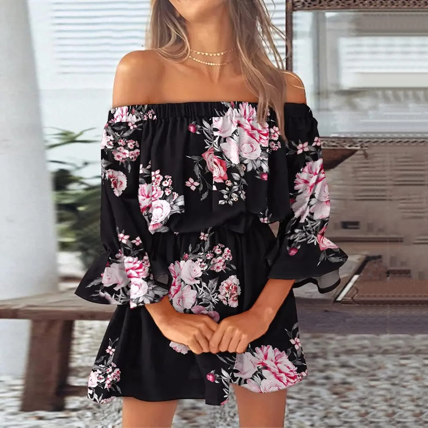 Summer Boho Dresses for Women Beach Sexy Off Shoulder Tunic Sundresses Casual Loose Fit Short Sleeve Mini Floral Dress