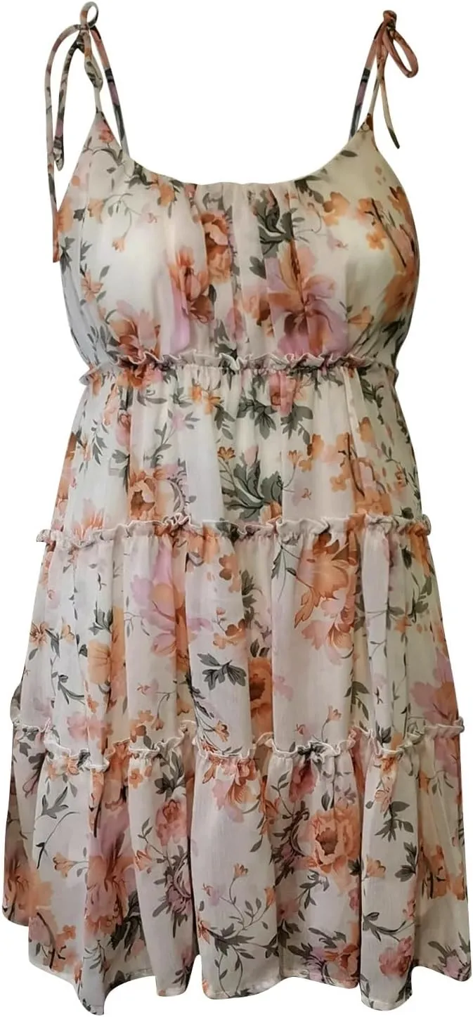Summer Boho Mini Dresses for Women 2025 Casual Floral Short Chiffon Dress Pleated Flowy Tiered Ruffle Dress Sundresses