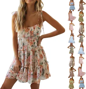 Summer Boho Mini Dresses for Women 2025 Casual Floral Short Chiffon Dress Pleated Flowy Tiered Ruffle Dress Sundresses