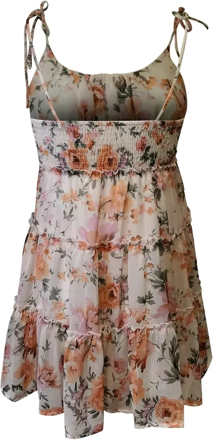 Summer Boho Mini Dresses for Women 2025 Casual Floral Short Chiffon Dress Pleated Flowy Tiered Ruffle Dress Sundresses