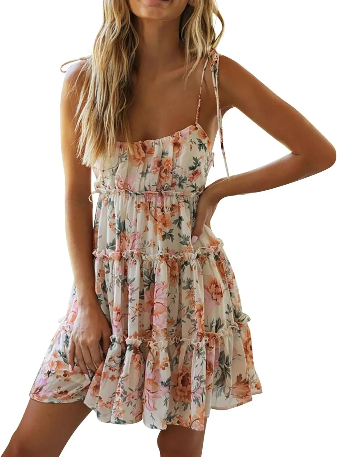 Summer Boho Mini Dresses for Women 2025 Casual Floral Short Chiffon Dress Pleated Flowy Tiered Ruffle Dress Sundresses