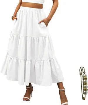 Summer Boho Skirts for Women High Waist Tiered Maxi Skirt Long Flowy Beach Skirt with Pocket White L