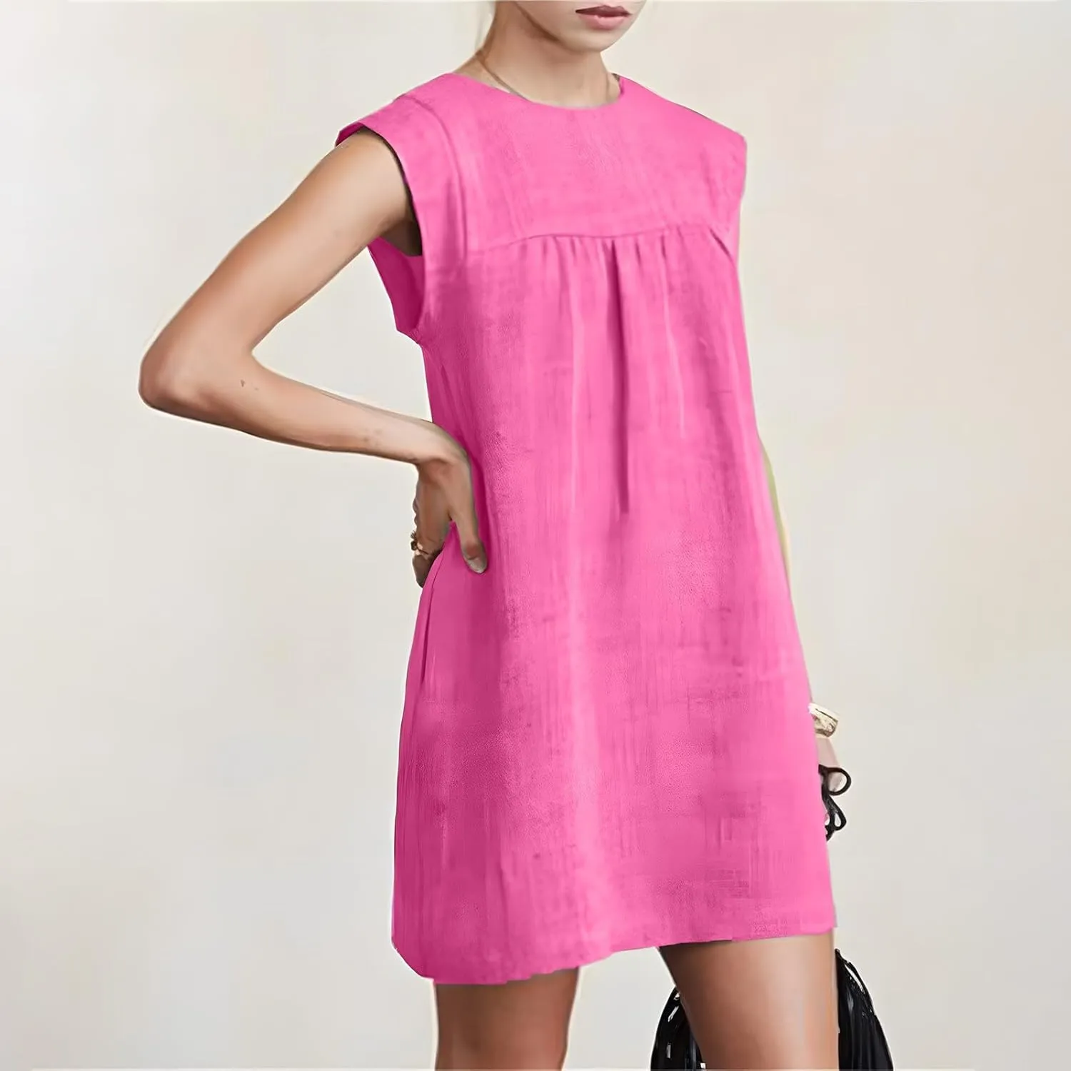 Summer Cotton Linen Dress for Women Casual Sleeveless Crewneck Ruched Sundresses Plus Size Solid Color Loose Dresses
