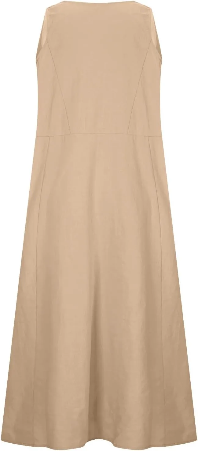 Summer Dress for Women with Pockets 2025 Plus Size Flowy Midi Sundress Casual Loose Fit Sleeveless Crew Neck Dresses