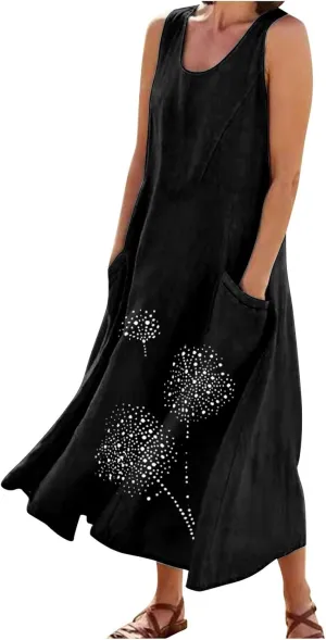 Summer Dress for Women with Pockets 2025 Plus Size Flowy Midi Sundress Casual Loose Fit Sleeveless Crew Neck Dresses