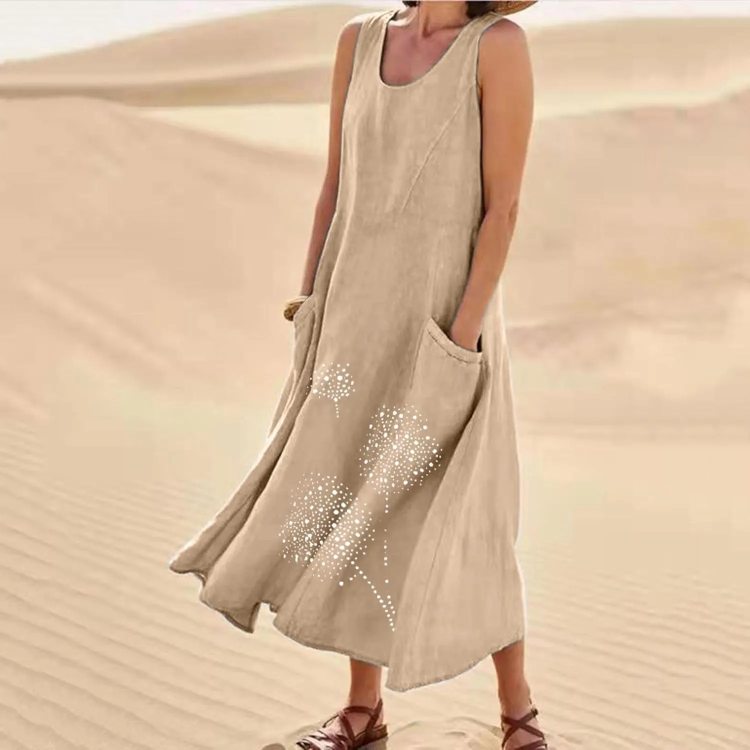 Summer Dress for Women with Pockets 2025 Plus Size Flowy Midi Sundress Casual Loose Fit Sleeveless Crew Neck Dresses