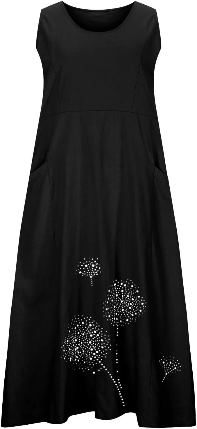Summer Dress for Women with Pockets 2025 Plus Size Flowy Midi Sundress Casual Loose Fit Sleeveless Crew Neck Dresses