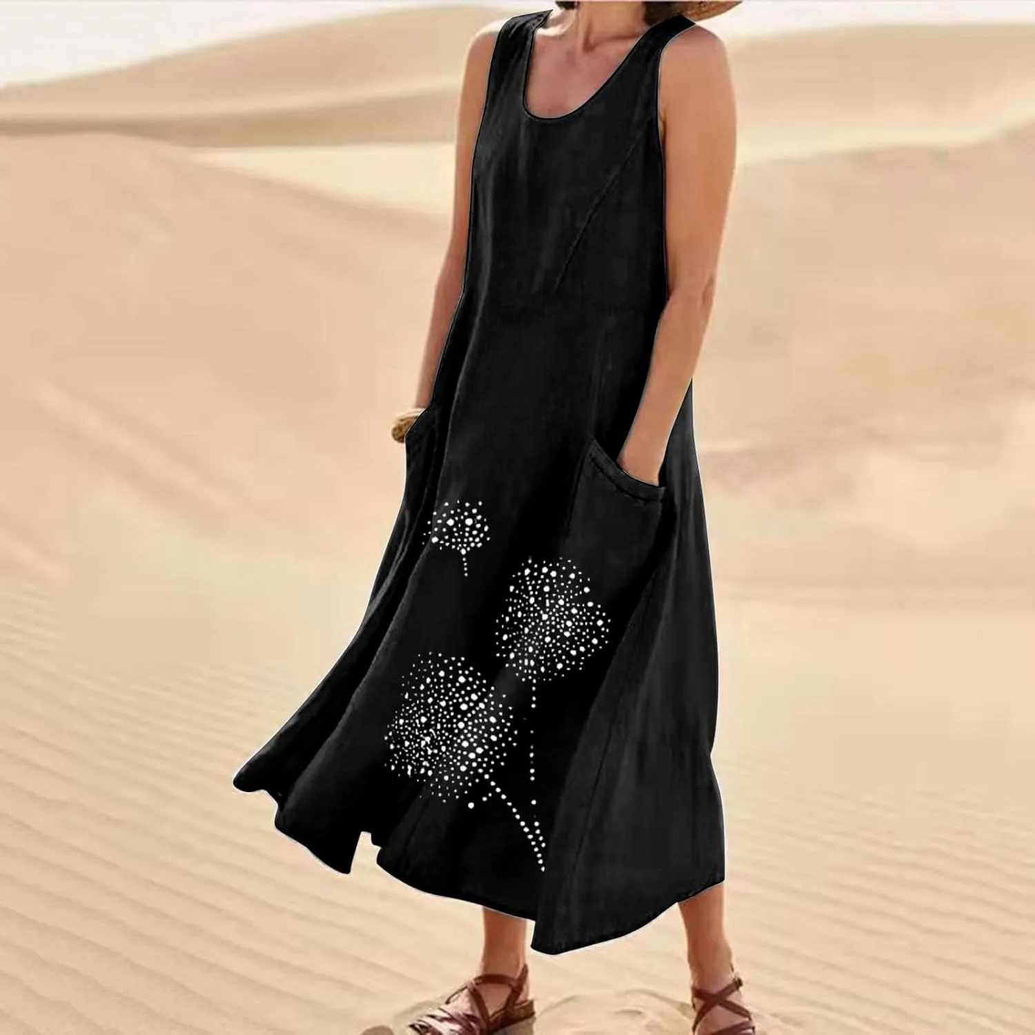 Summer Dress for Women with Pockets 2025 Plus Size Flowy Midi Sundress Casual Loose Fit Sleeveless Crew Neck Dresses