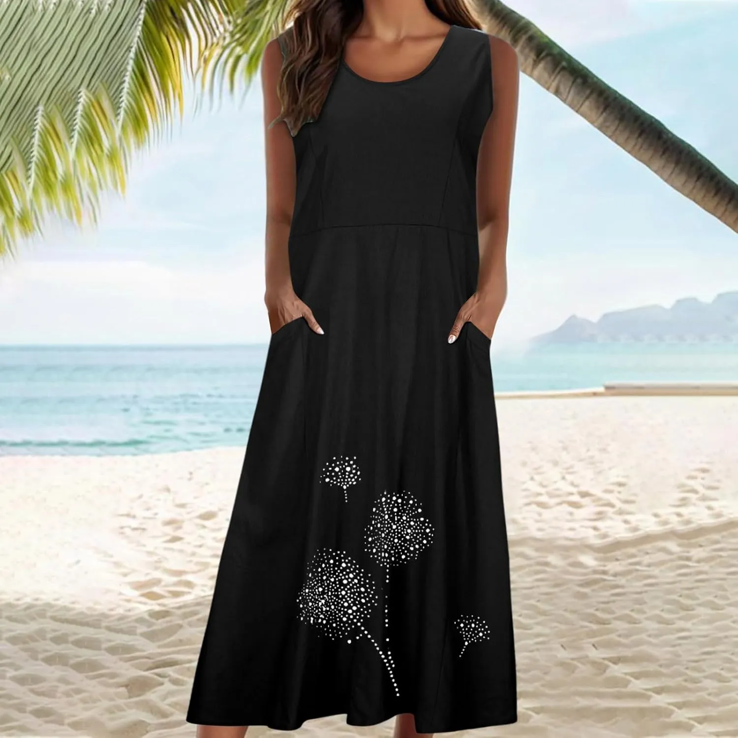 Summer Dress for Women with Pockets 2025 Plus Size Flowy Midi Sundress Casual Loose Fit Sleeveless Crew Neck Dresses