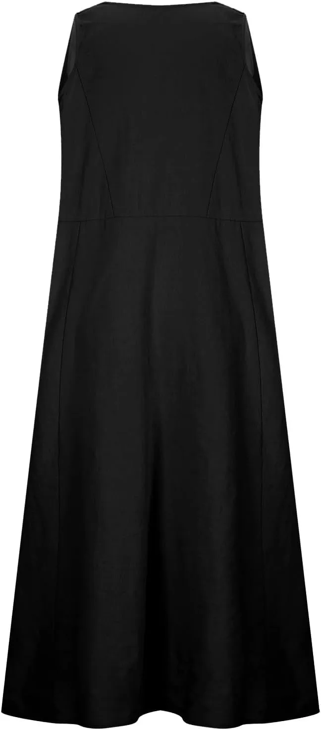 Summer Dress for Women with Pockets 2025 Plus Size Flowy Midi Sundress Casual Loose Fit Sleeveless Crew Neck Dresses