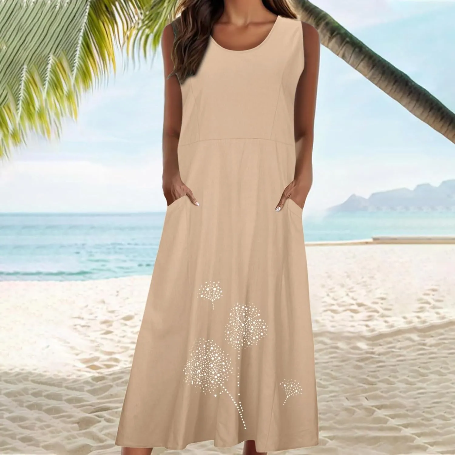 Summer Dress for Women with Pockets 2025 Plus Size Flowy Midi Sundress Casual Loose Fit Sleeveless Crew Neck Dresses