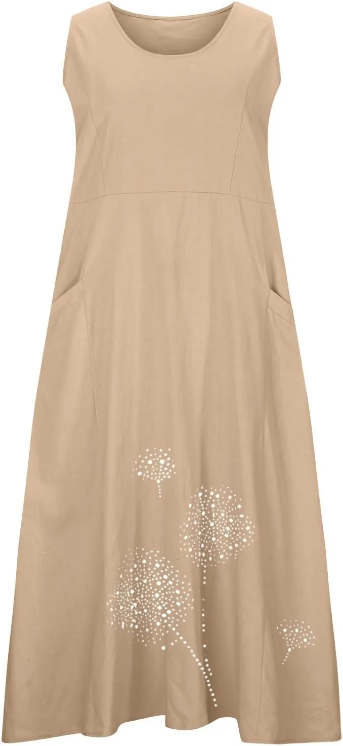 Summer Dress for Women with Pockets 2025 Plus Size Flowy Midi Sundress Casual Loose Fit Sleeveless Crew Neck Dresses