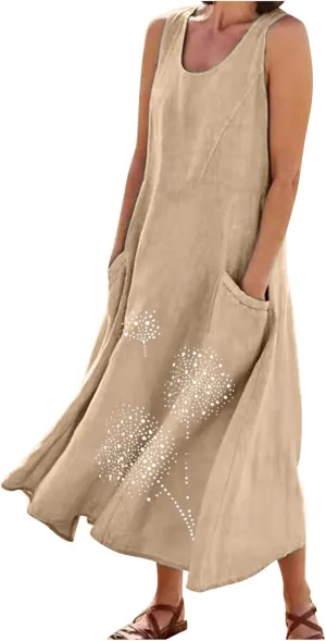 Summer Dress for Women with Pockets 2025 Plus Size Flowy Midi Sundress Casual Loose Fit Sleeveless Crew Neck Dresses