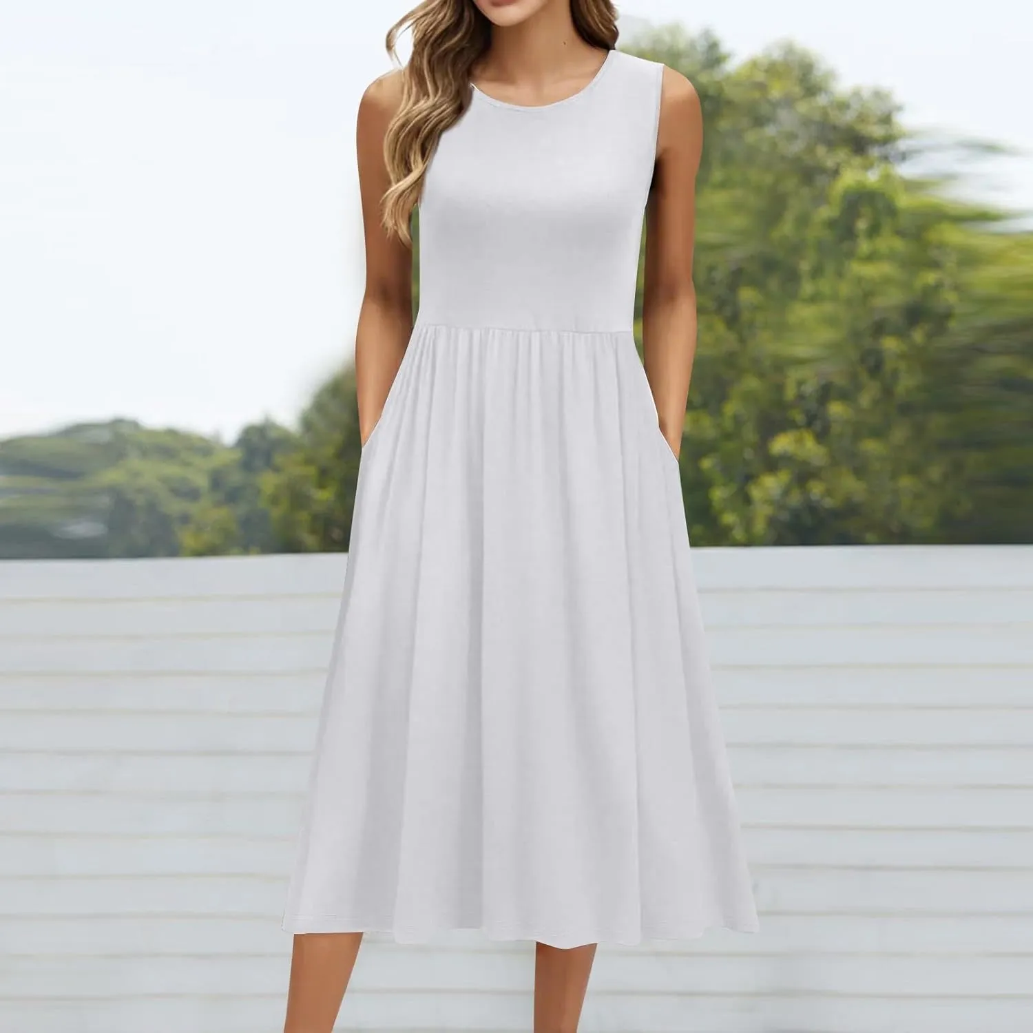 Summer Dresses for Women 2025 Boho Crew Neck Sleeveless Dress Beach Vacation Floral/Solid Midi Dress with Pockets