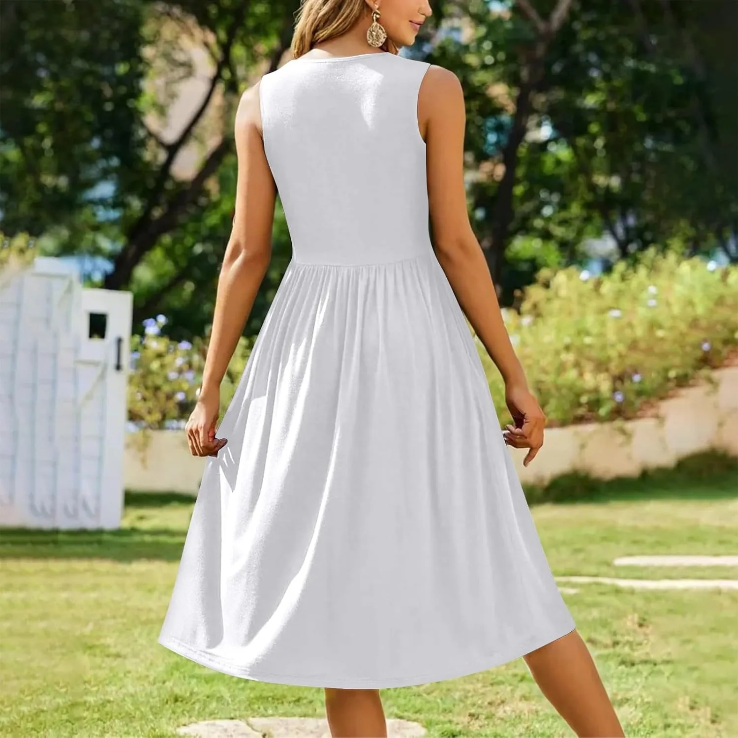 Summer Dresses for Women 2025 Boho Crew Neck Sleeveless Dress Beach Vacation Floral/Solid Midi Dress with Pockets