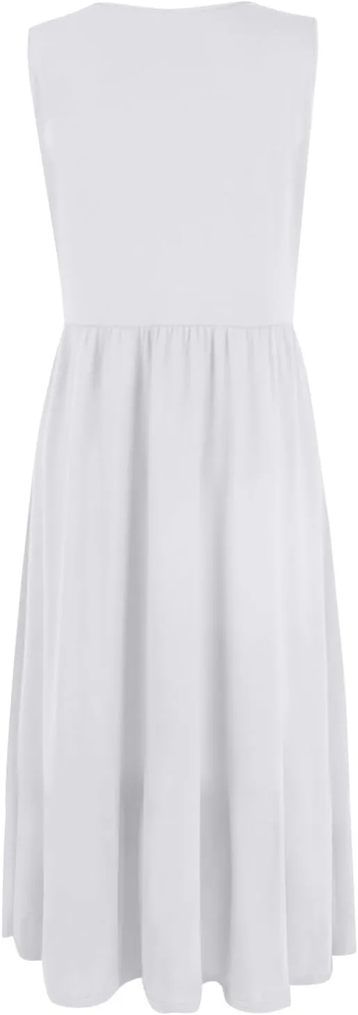 Summer Dresses for Women 2025 Boho Crew Neck Sleeveless Dress Beach Vacation Floral/Solid Midi Dress with Pockets