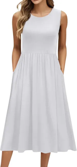 Summer Dresses for Women 2025 Boho Crew Neck Sleeveless Dress Beach Vacation Floral/Solid Midi Dress with Pockets