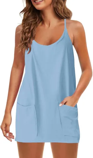 Summer Dresses for Women 2025 Casual Fashion Spaghetti Strap Sleeveless Dress V Neck Trendy Sundresses with Pockets