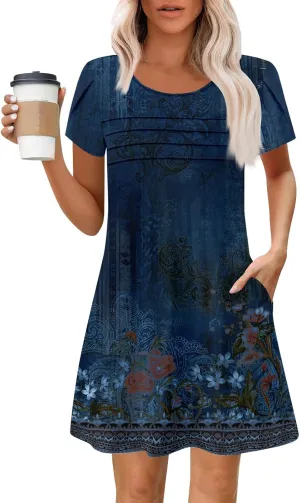 Summer Dresses for Women 2025 Crew Neck Floral Short Sleeve Dress Casual T Shirt Dresses Pleated Front Beach Dress