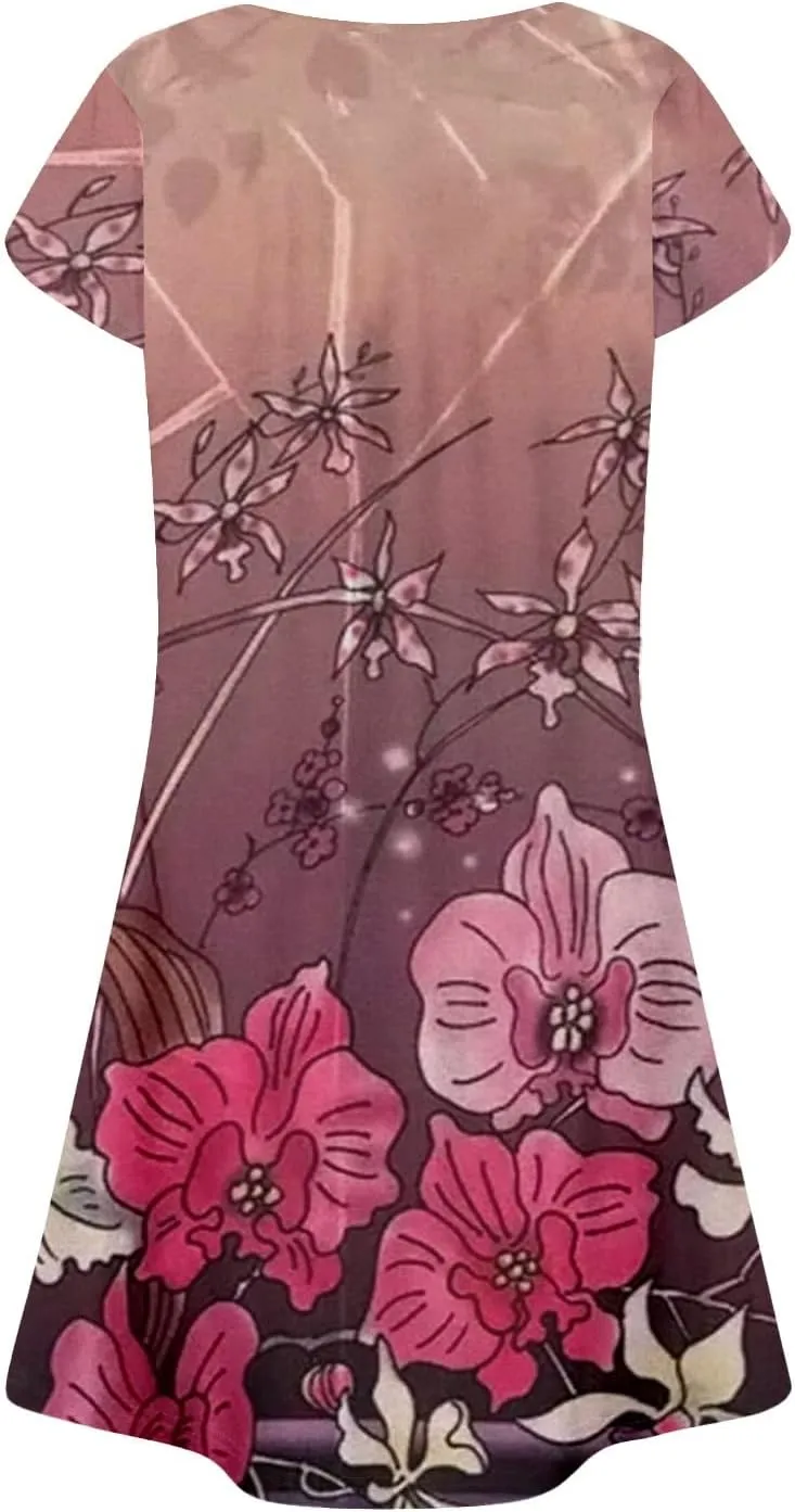 Summer Dresses for Women 2025 Crew Neck Floral Short Sleeve Dress Casual T Shirt Dresses Pleated Front Beach Dress