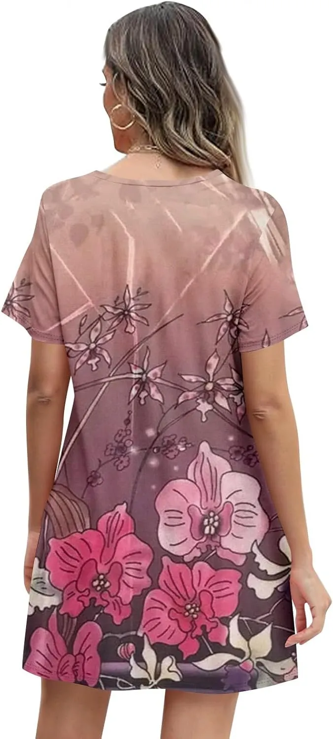 Summer Dresses for Women 2025 Crew Neck Floral Short Sleeve Dress Casual T Shirt Dresses Pleated Front Beach Dress