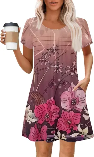 Summer Dresses for Women 2025 Crew Neck Floral Short Sleeve Dress Casual T Shirt Dresses Pleated Front Beach Dress