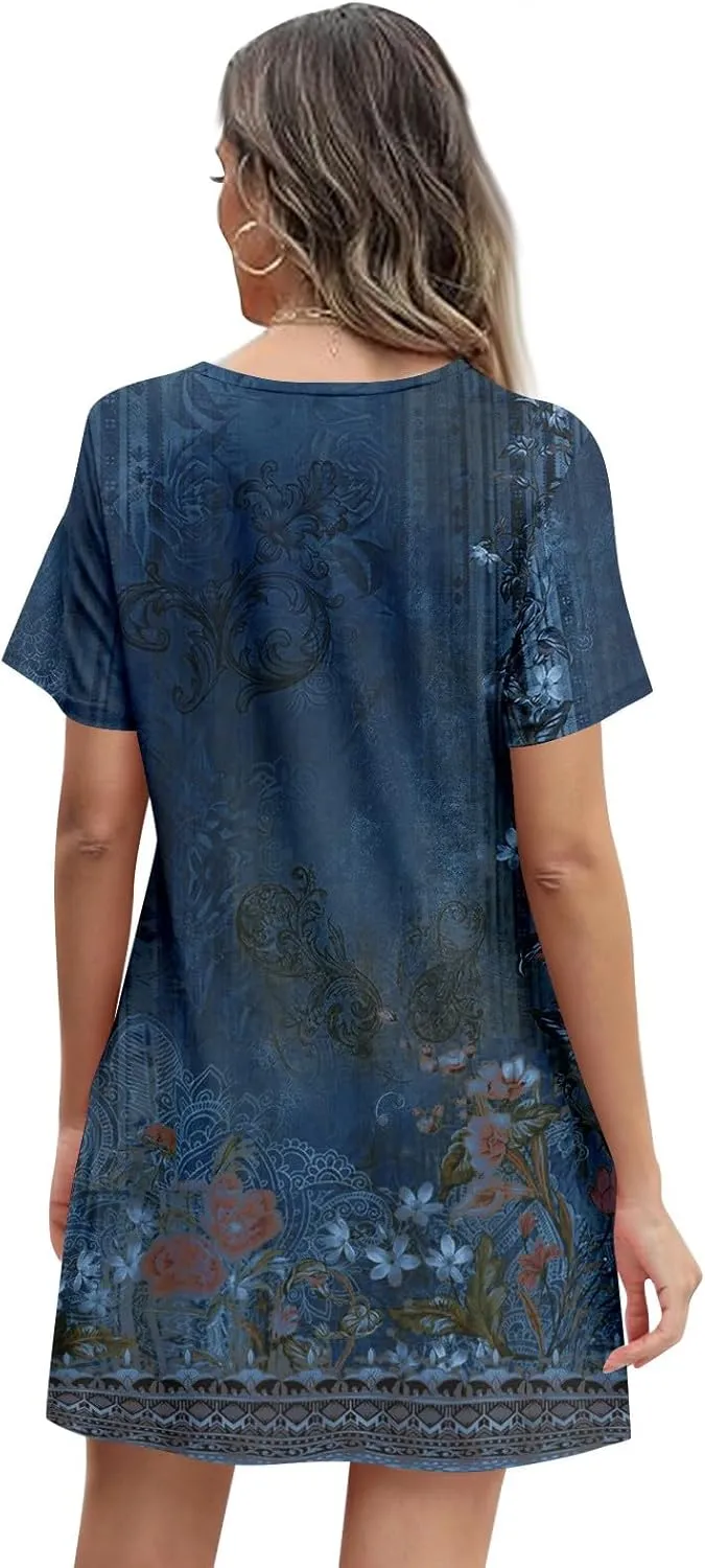 Summer Dresses for Women 2025 Crew Neck Floral Short Sleeve Dress Casual T Shirt Dresses Pleated Front Beach Dress