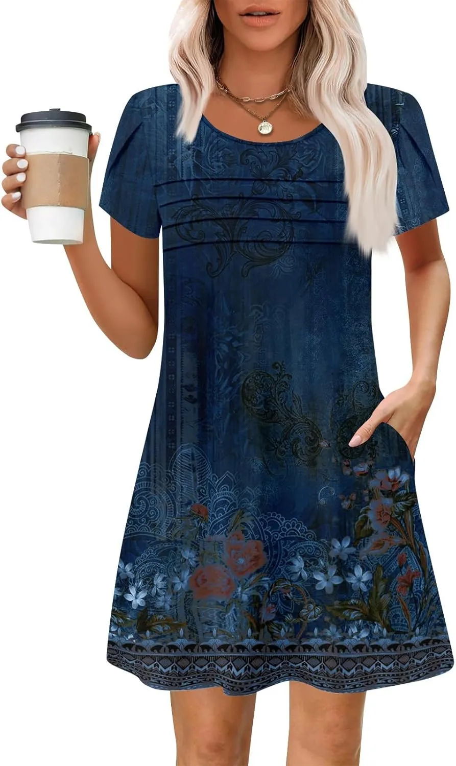 Summer Dresses for Women 2025 Crew Neck Floral Short Sleeve Dress Casual T Shirt Dresses Pleated Front Beach Dress