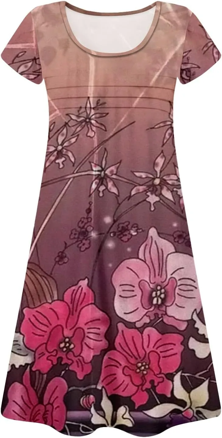 Summer Dresses for Women 2025 Crew Neck Floral Short Sleeve Dress Casual T Shirt Dresses Pleated Front Beach Dress