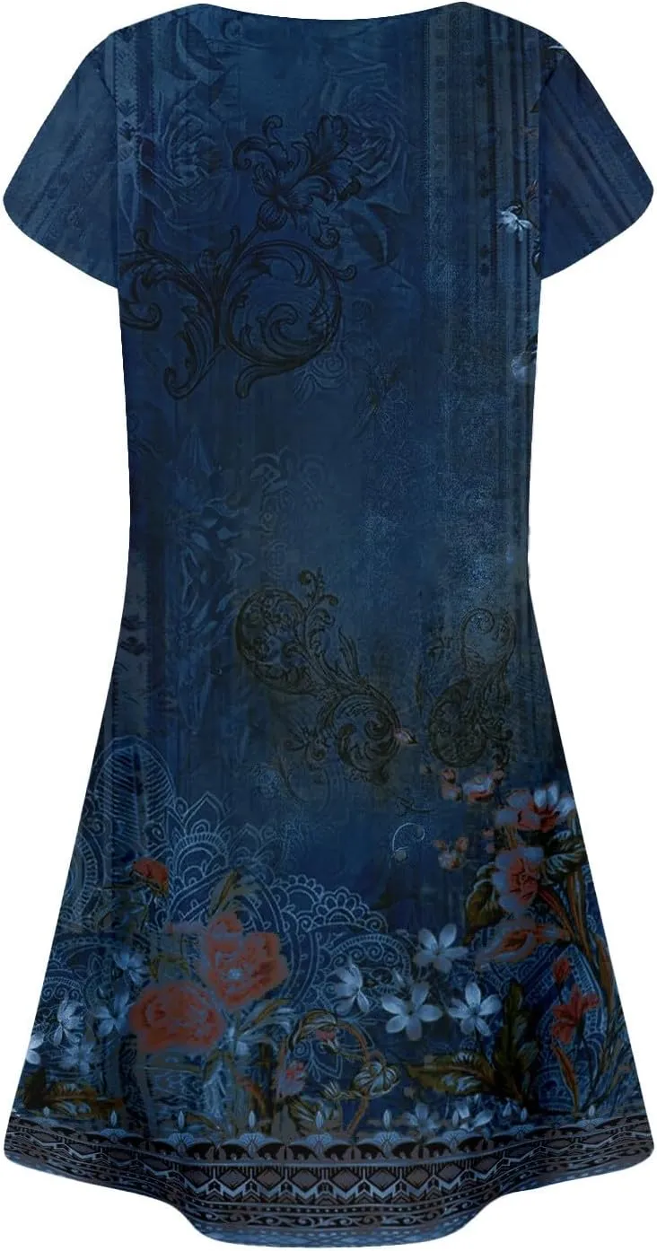 Summer Dresses for Women 2025 Crew Neck Floral Short Sleeve Dress Casual T Shirt Dresses Pleated Front Beach Dress