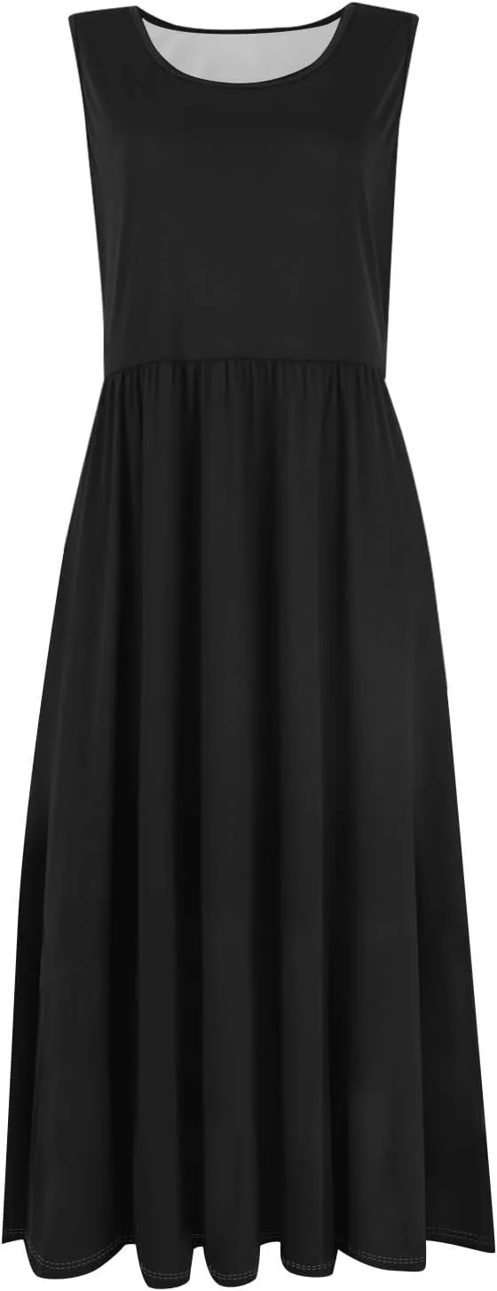 Summer Dresses for Women 2025 Crew Neck Sleeveless Boho Dress Beach Vacation Floral/Solid Midi Dress with Pockets