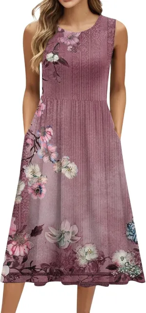 Summer Dresses for Women 2025 Crew Neck Sleeveless Boho Dress Beach Vacation Floral/Solid Midi Dress with Pockets