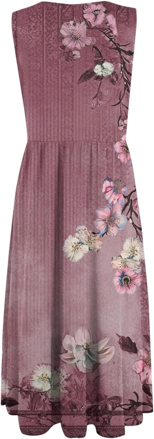 Summer Dresses for Women 2025 Crew Neck Sleeveless Boho Dress Beach Vacation Floral/Solid Midi Dress with Pockets