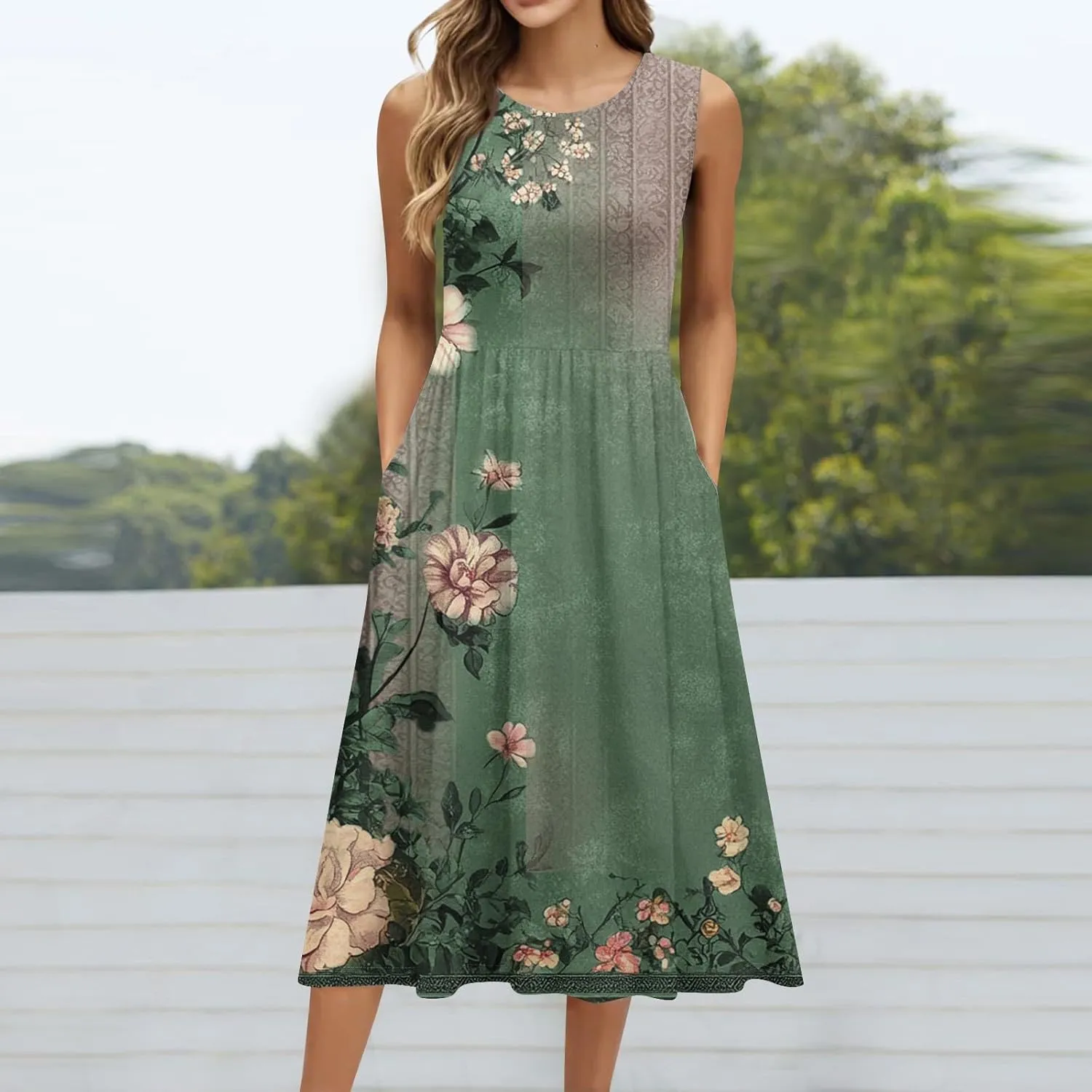 Summer Dresses for Women 2025 Crew Neck Sleeveless Boho Dress Beach Vacation Floral/Solid Midi Dress with Pockets
