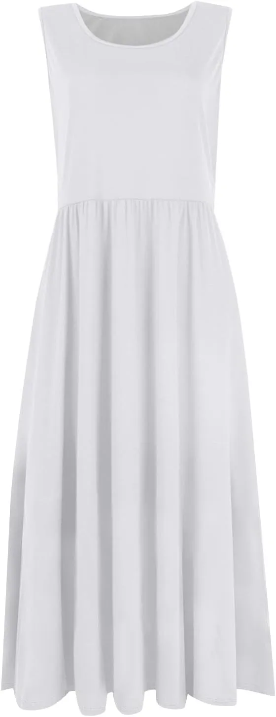 Summer Dresses for Women 2025 Crew Neck Sleeveless Boho Dress Beach Vacation Floral/Solid Midi Dress with Pockets