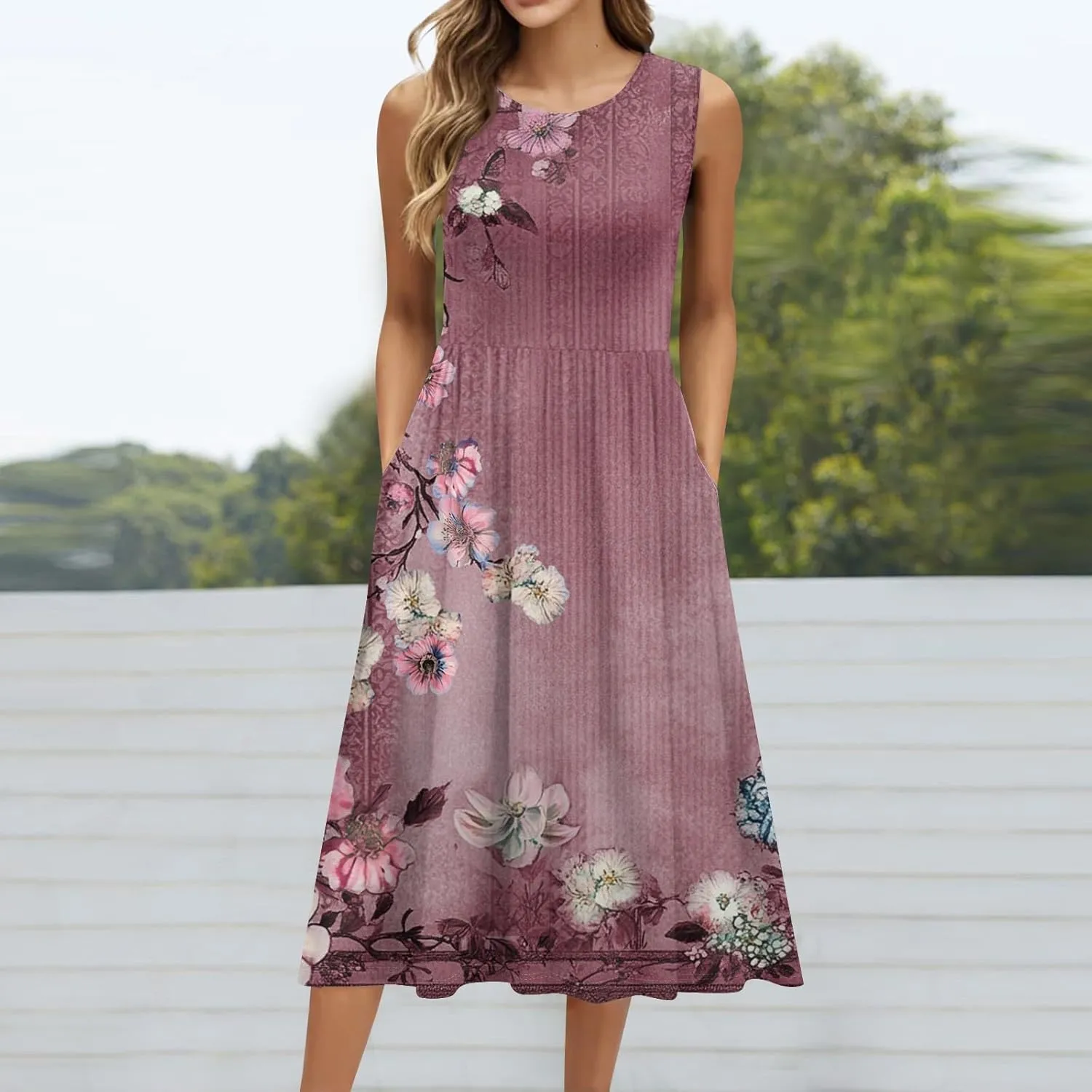 Summer Dresses for Women 2025 Crew Neck Sleeveless Boho Dress Beach Vacation Floral/Solid Midi Dress with Pockets
