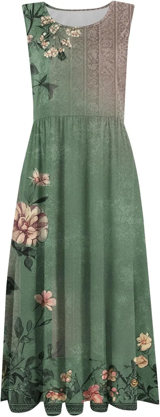 Summer Dresses for Women 2025 Crew Neck Sleeveless Boho Dress Beach Vacation Floral/Solid Midi Dress with Pockets