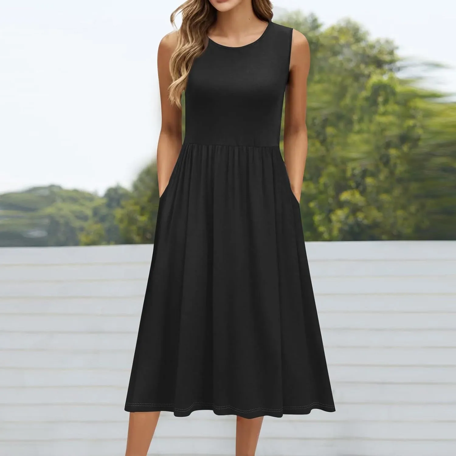 Summer Dresses for Women 2025 Crew Neck Sleeveless Boho Dress Beach Vacation Floral/Solid Midi Dress with Pockets