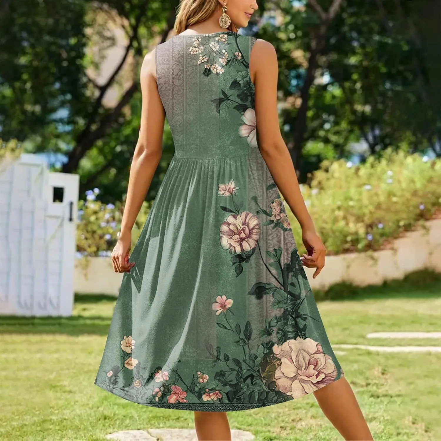 Summer Dresses for Women 2025 Crew Neck Sleeveless Boho Dress Beach Vacation Floral/Solid Midi Dress with Pockets