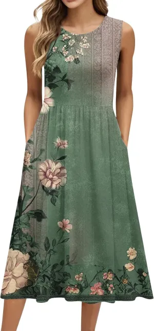 Summer Dresses for Women 2025 Crew Neck Sleeveless Boho Dress Beach Vacation Floral/Solid Midi Dress with Pockets