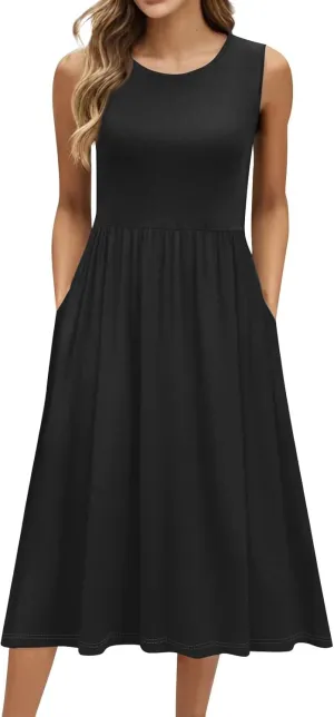 Summer Dresses for Women 2025 Crew Neck Sleeveless Boho Dress Beach Vacation Floral/Solid Midi Dress with Pockets