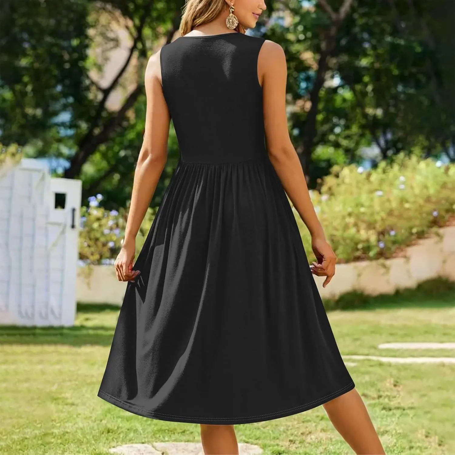 Summer Dresses for Women 2025 Crew Neck Sleeveless Boho Dress Beach Vacation Floral/Solid Midi Dress with Pockets