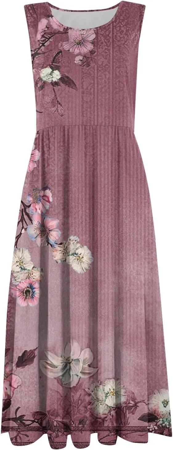 Summer Dresses for Women 2025 Crew Neck Sleeveless Boho Dress Beach Vacation Floral/Solid Midi Dress with Pockets