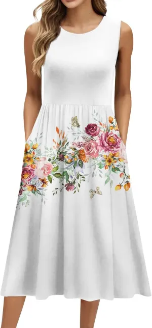 Summer Dresses for Women 2025 Crew Neck Sleeveless Boho Dress Beach Vacation Floral/Solid Midi Dress with Pockets