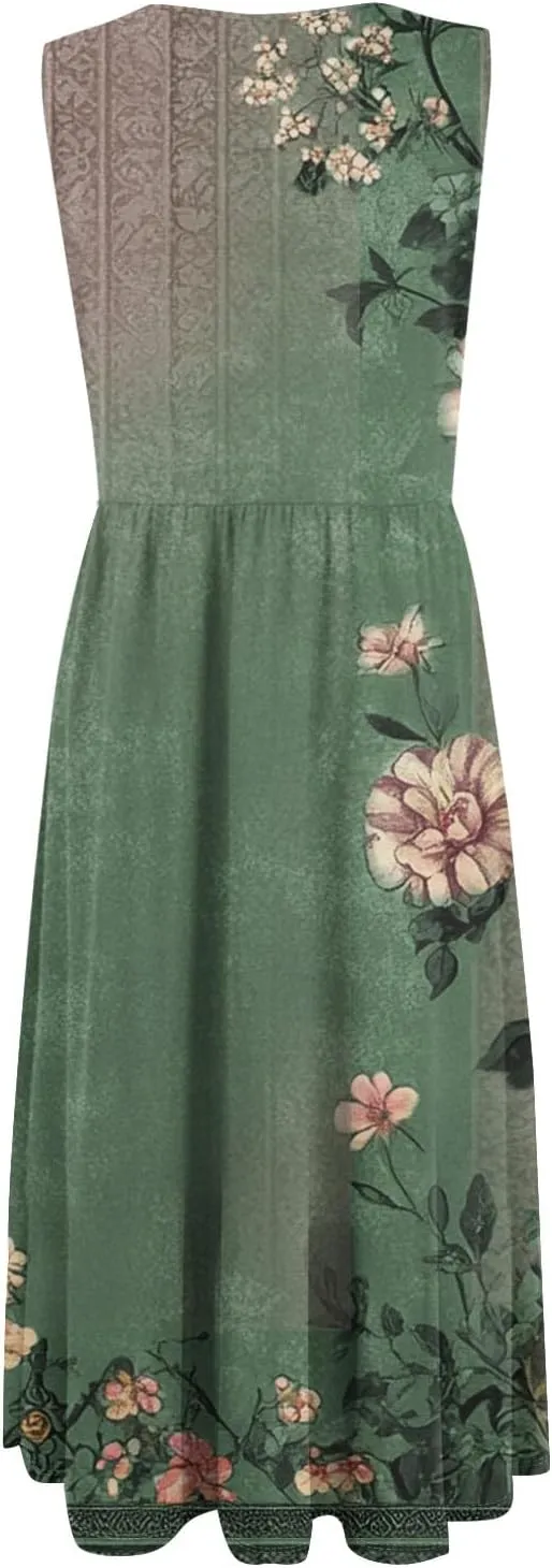 Summer Dresses for Women 2025 Crew Neck Sleeveless Boho Dress Beach Vacation Floral/Solid Midi Dress with Pockets