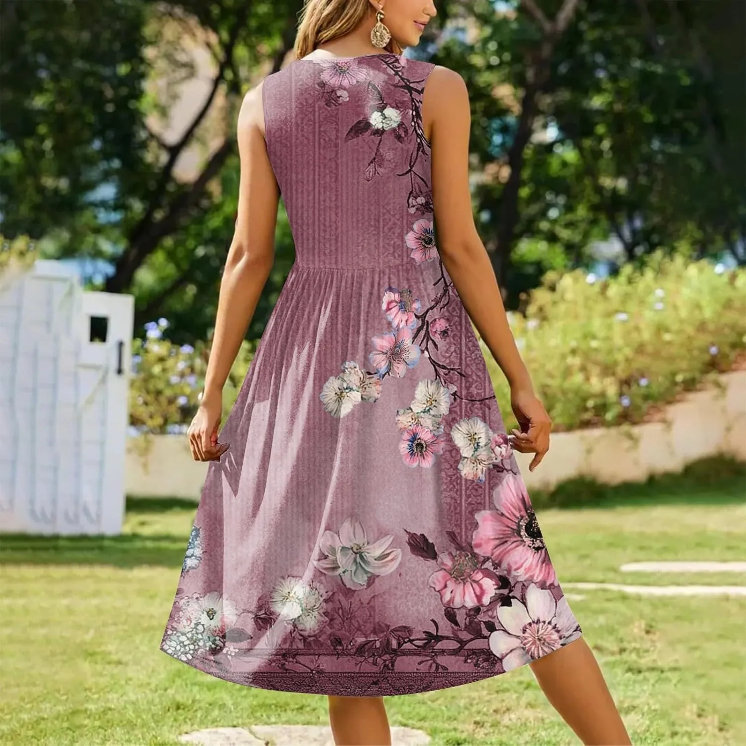 Summer Dresses for Women 2025 Crew Neck Sleeveless Boho Dress Beach Vacation Floral/Solid Midi Dress with Pockets