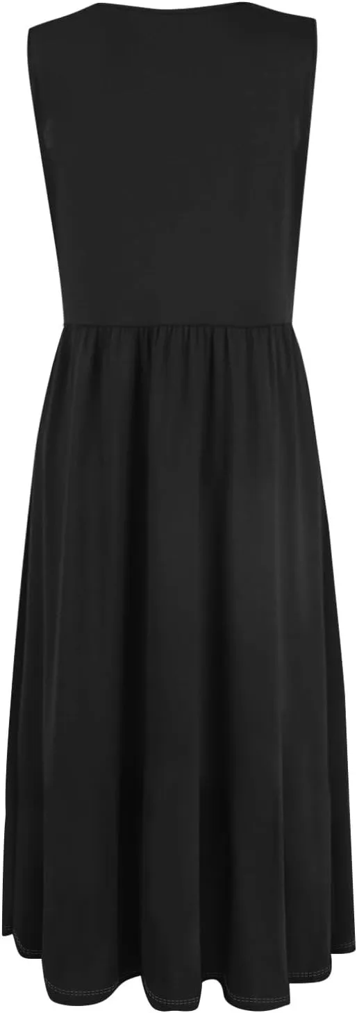 Summer Dresses for Women 2025 Crew Neck Sleeveless Boho Dress Beach Vacation Floral/Solid Midi Dress with Pockets
